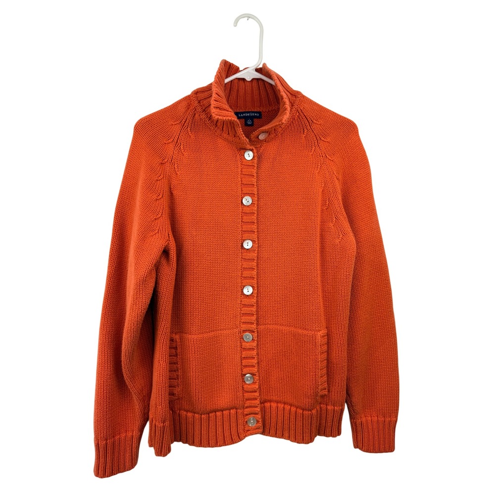 Lands End Orange Shaker Knit Cardigan Mock Neck Sweater Womens L 14-16